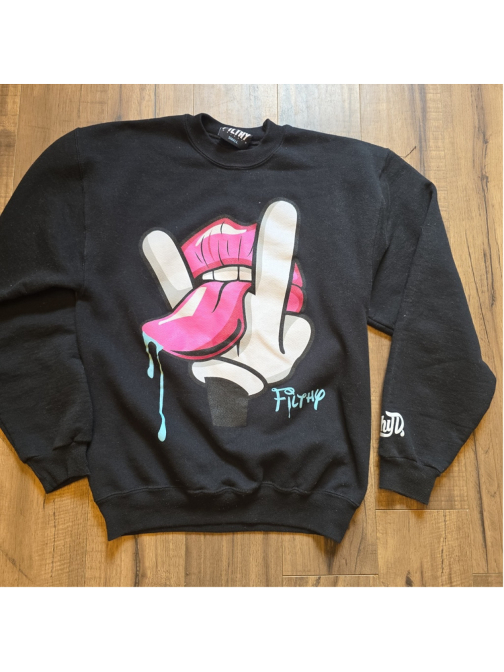 Filthy Dripped Graphic Crewneck Sweatshirt Unisex Black Pullover Sz S